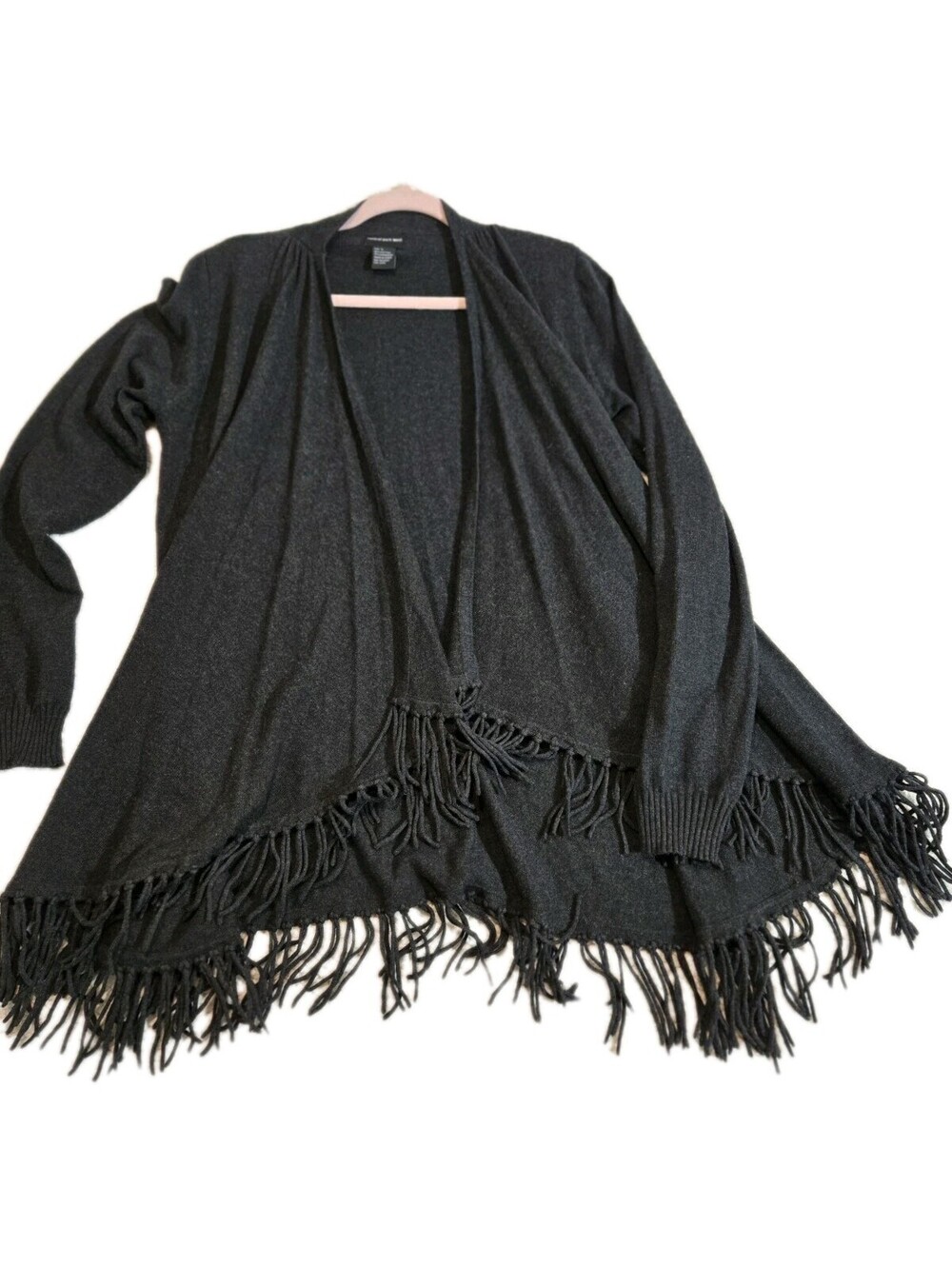 central park west Cotton Cashmere Open Cardigan With Fringe Sz L Black Basic